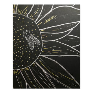 Poster Dessin à ligne fine d'abeille sur fleur