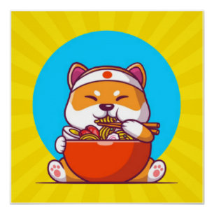 Poster Dessin animé de Shiba Inu mignon mangeant des noui