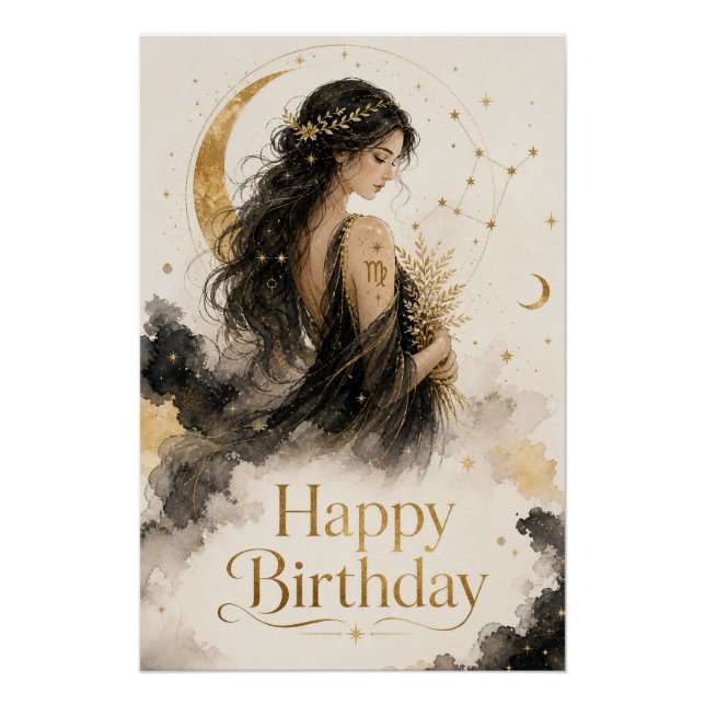 Poster Dessin aquarelle Vierge Joyeux Anniversaire (Devant)