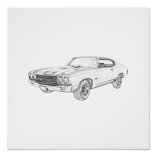 Poster Dessin crayon noir et blanc 1970 chevy (Devant)