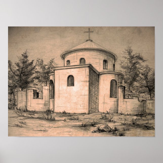 Poster Dessin d'art d'architecture Église orthodoxe ancie (Devant)