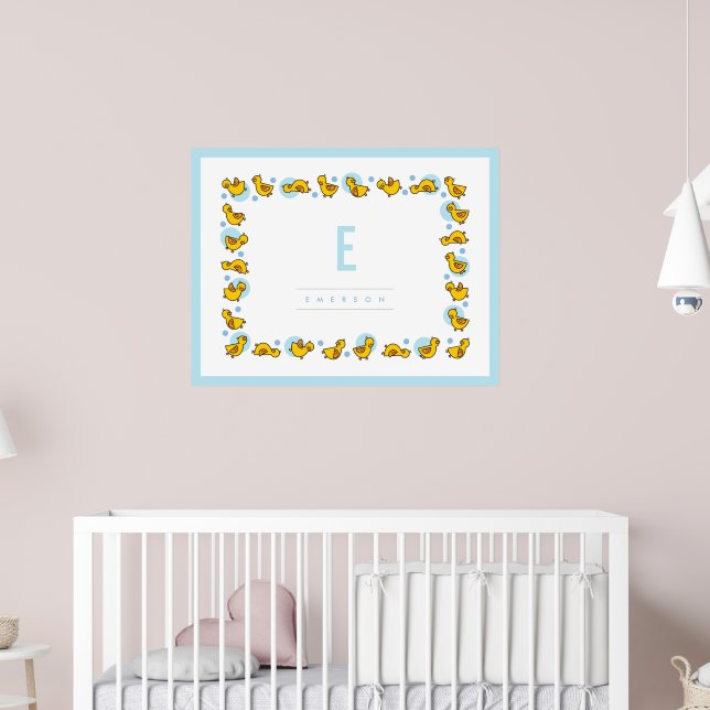 Poster Dessin de bébés canards joueurs Monogramme bleu po (Pépinière 2)