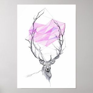 Poster Dessin de coeur géométrique rose et cerf Art anima