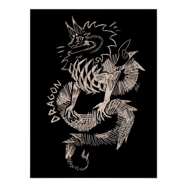 Poster Dessin de dragon noir et blanc (Devant)