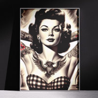 Dessin de pin-up tatoué noir et blanc vintage