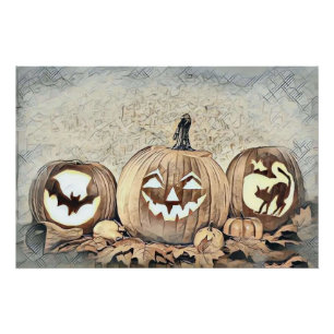 Poster Dessin des couleurs d'automne des citrouilles vint