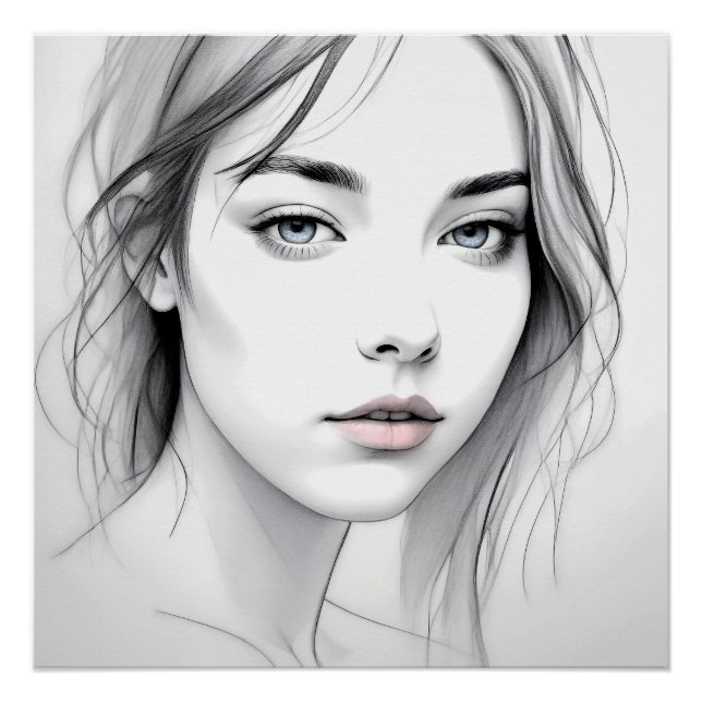 Poster Dessin du visage minimaliste d'une jeune fille (Devant)