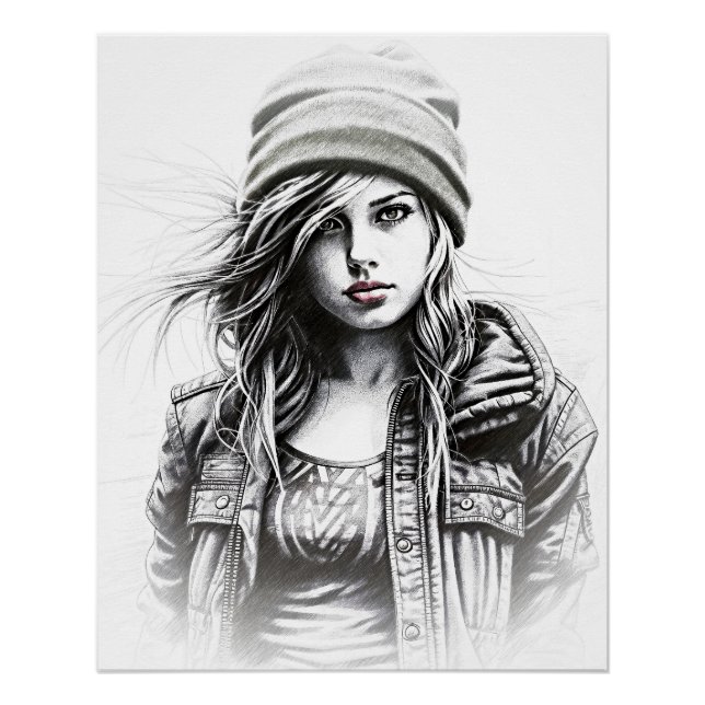 Poster Dessin d'une jeune femme grunge (Devant)