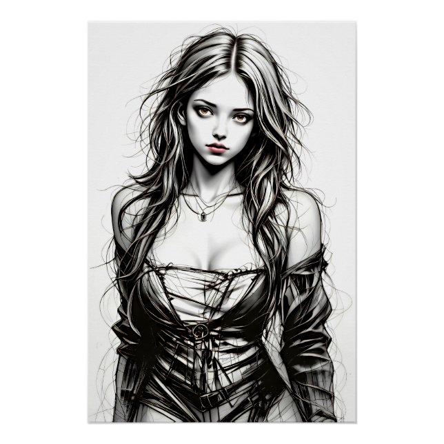 Poster Dessin d'une jeune femme grunge.  (Devant)