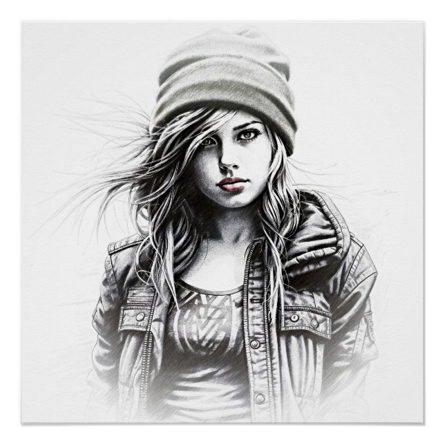 Poster Dessin d'une jeune femme grunge (Devant)