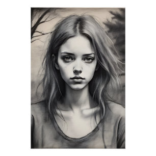 Poster Dessin d'une jeune fille mélancolique.