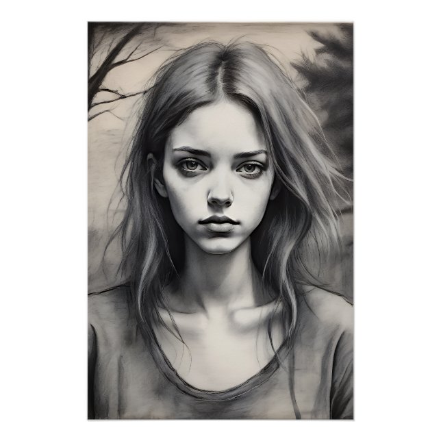 Poster Dessin d'une jeune fille mélancolique.  (Devant)