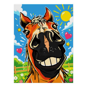 Poster Dessin humoristique de cheval avec un sourire en b