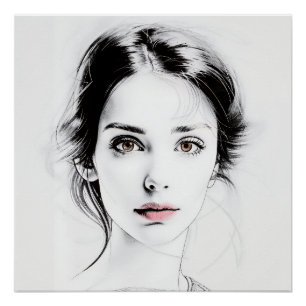 Poster Dessin minimaliste  d'un visage de jeune fille 