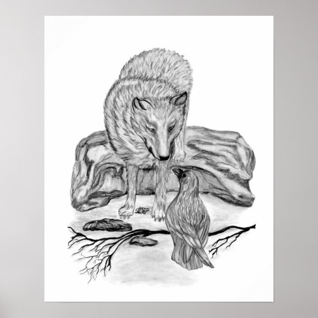 Poster Dessin noir et blanc de loup et corbeau (Devant)