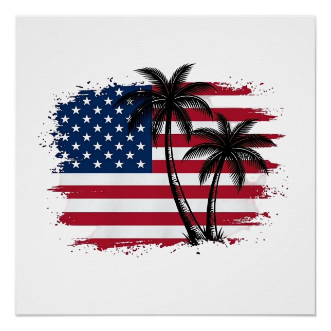 Poster Dessin vectoriel de plage patriotique avec drapeau (Devant)