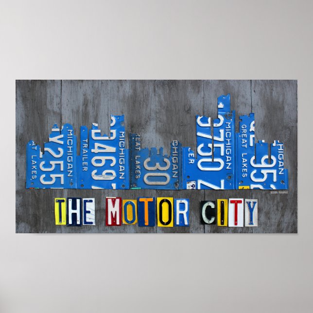 Poster Detroit Le Moteur City Skyline License Plate Art (Devant)