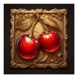 Poster Deux cerises rouges brillantes avec des feuilles d
