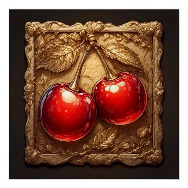 Poster Deux cerises rouges brillantes avec des feuilles d (Devant)