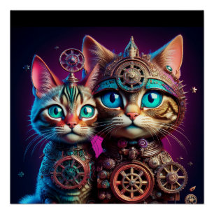 Poster Deux chatons Steampunk posent