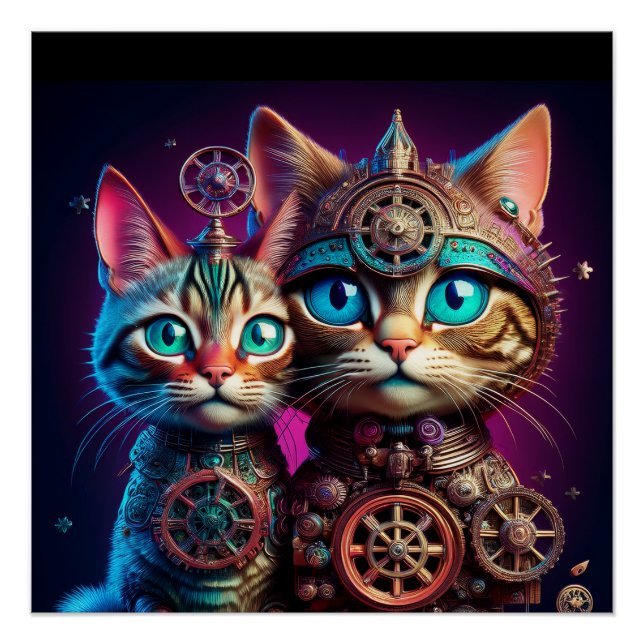 Poster Deux chatons Steampunk posent (Devant)