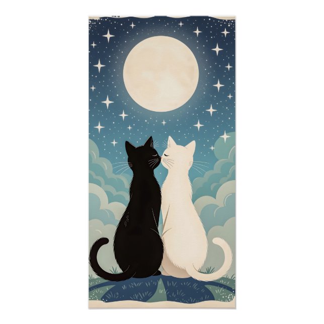 Poster Deux chats amoureux s'embrasser sous la lune (Devant)
