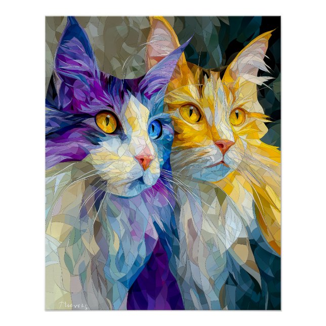 Poster Deux chats violets et jaunes (Devant)