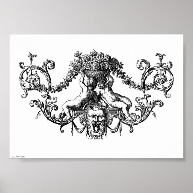 Poster Deux chérubs classiques avec ivoire et fleurs (Devant)