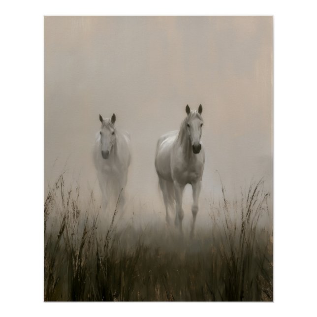 Poster Deux chevaux blancs dans une peinture de prairie b (Devant)
