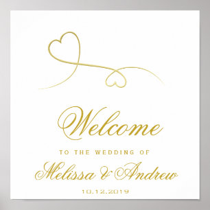Poster Deux Coeurs Or Élégants   Bienvenue Mariage