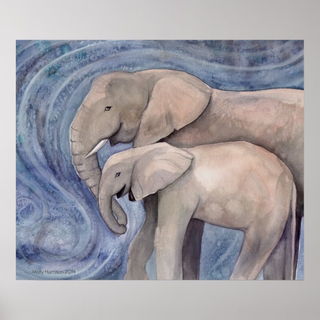 Poster Deux éléphants Peinture d'aquarelle faunique (Devant)