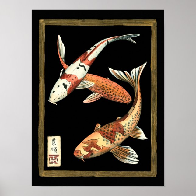Poster Deux Japonais Koi Goldfish sur un Arrière - plan n (Devant)