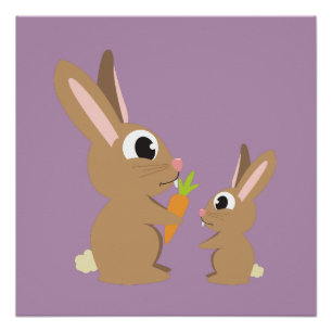 Poster Deux lapins mignons partageant une carotte