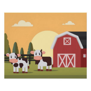 Poster Deux vaches et une grange rouge au lever du soleil