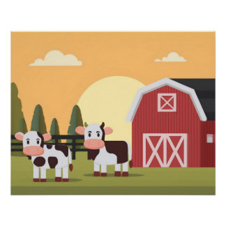 Poster Deux vaches et une grange rouge au lever du soleil