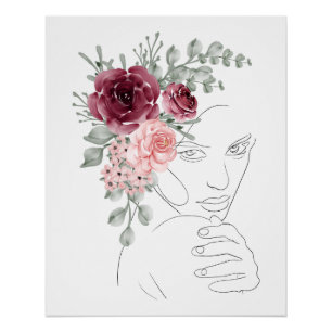 Poster digital product woman line art red flowers