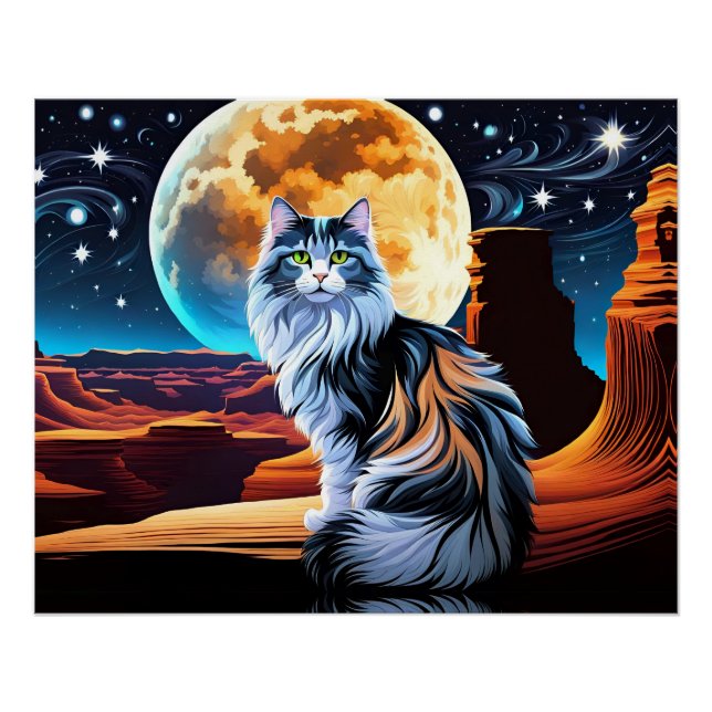 Poster Dilute Calico cat, dans le désert-Pleine lune (Devant)