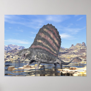 Poster Dimetrodon debout dans un étang dans le désert