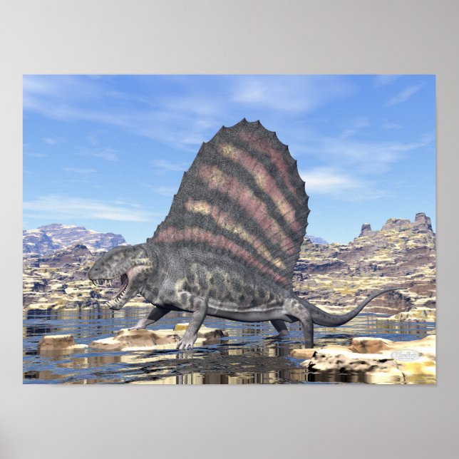 Poster Dimetrodon debout dans un étang dans le désert (Devant)