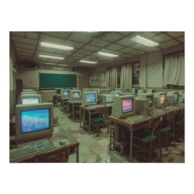 Poster Dimly Lit Retro Computer Lab with CRT Screens (Devant)