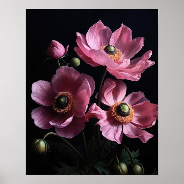 Poster d'impression d'art rose Fleurs d'anémones (Devant)