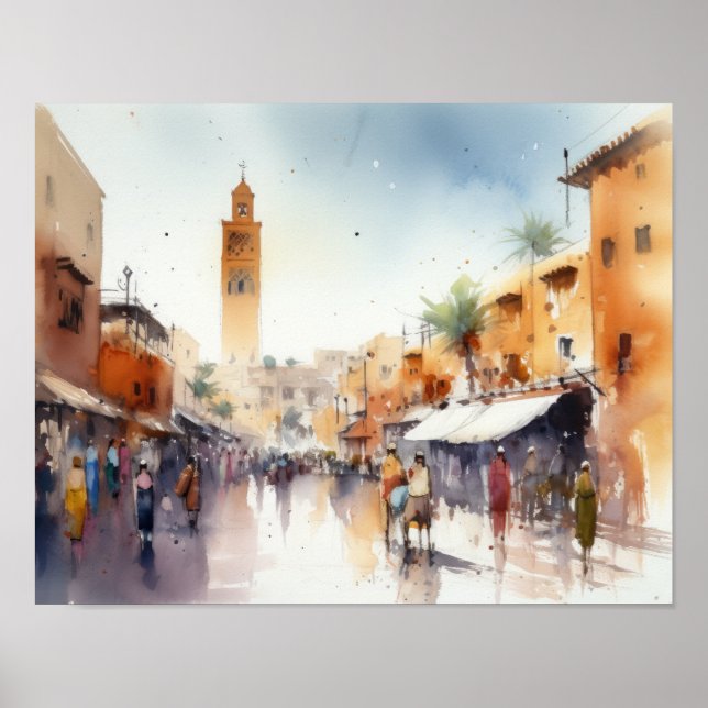 Poster d'impression de l'aquarelle Marrakech Maroc (Devant)