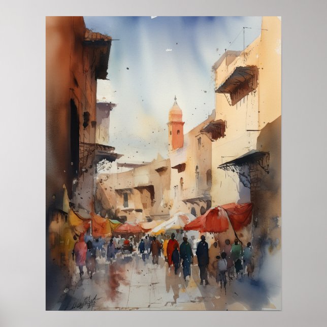 Poster d'impression de l'aquarelle Marrakech Maroc (Devant)