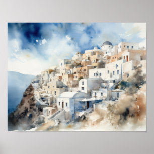 Poster d'impression de l'aquarelle Santorini Oia G