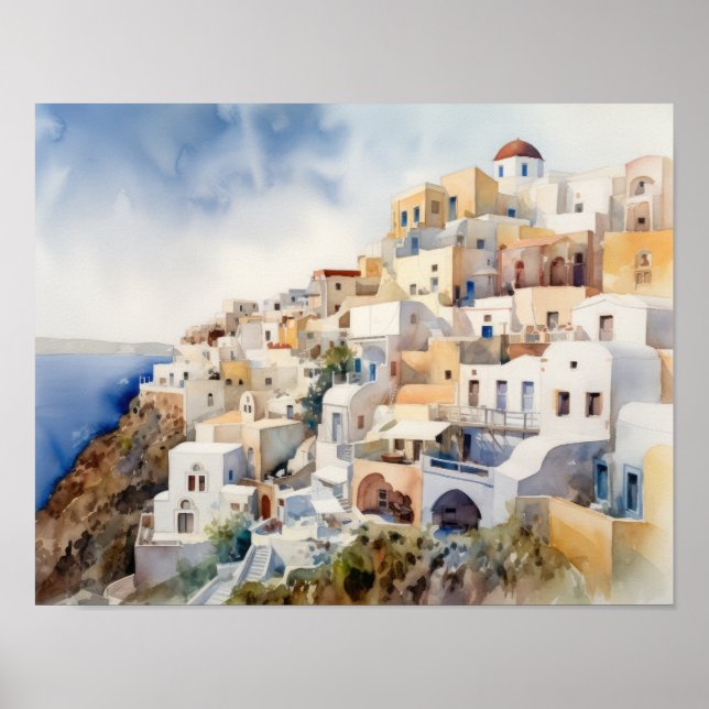 Poster d'impression de l'aquarelle Santorini Oia G (Devant)