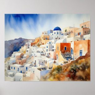 Poster d'impression de l'aquarelle Santorini Oia G