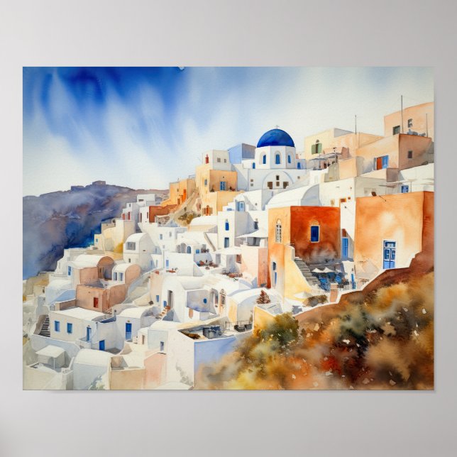 Poster d'impression de l'aquarelle Santorini Oia G (Devant)