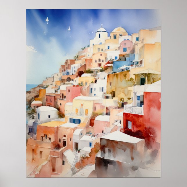Poster d'impression de l'aquarelle Santorini Oia G (Devant)