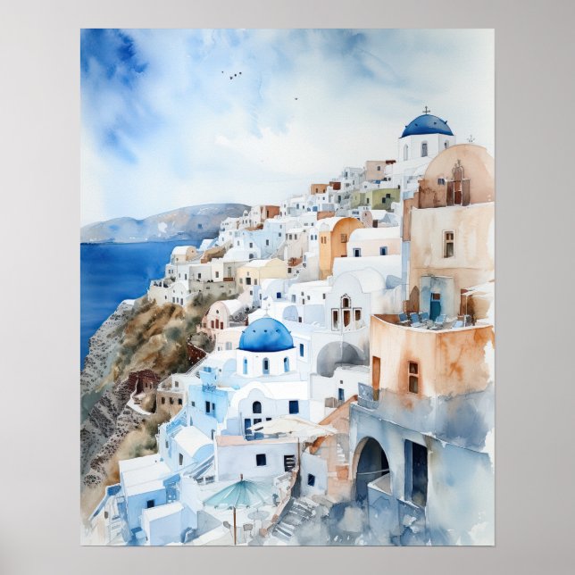 Poster d'impression de l'aquarelle Santorini Oia G (Devant)