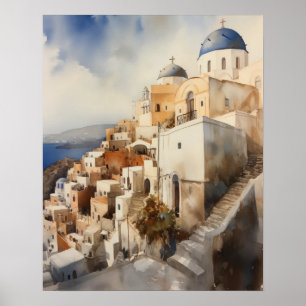 Poster d'impression de l'aquarelle Santorini Oia G